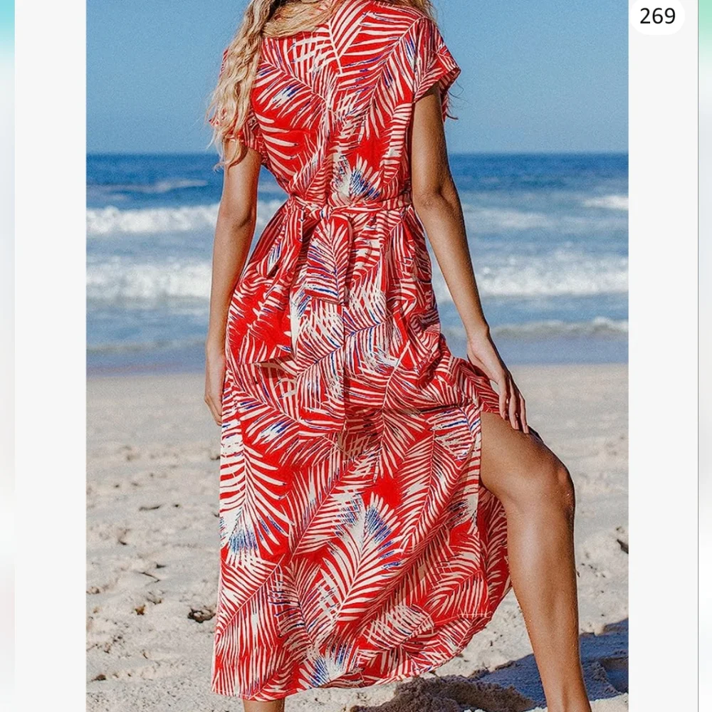Red Leaf Print Tie Flowy Dress - Picture 3 of 7